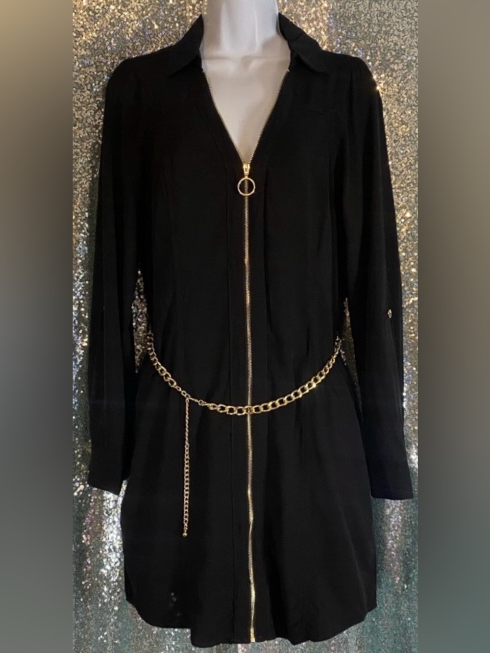 GUESS Black Zip Front Shirt Dress NWT Gold Chain Belt Mini Utility Pockets S